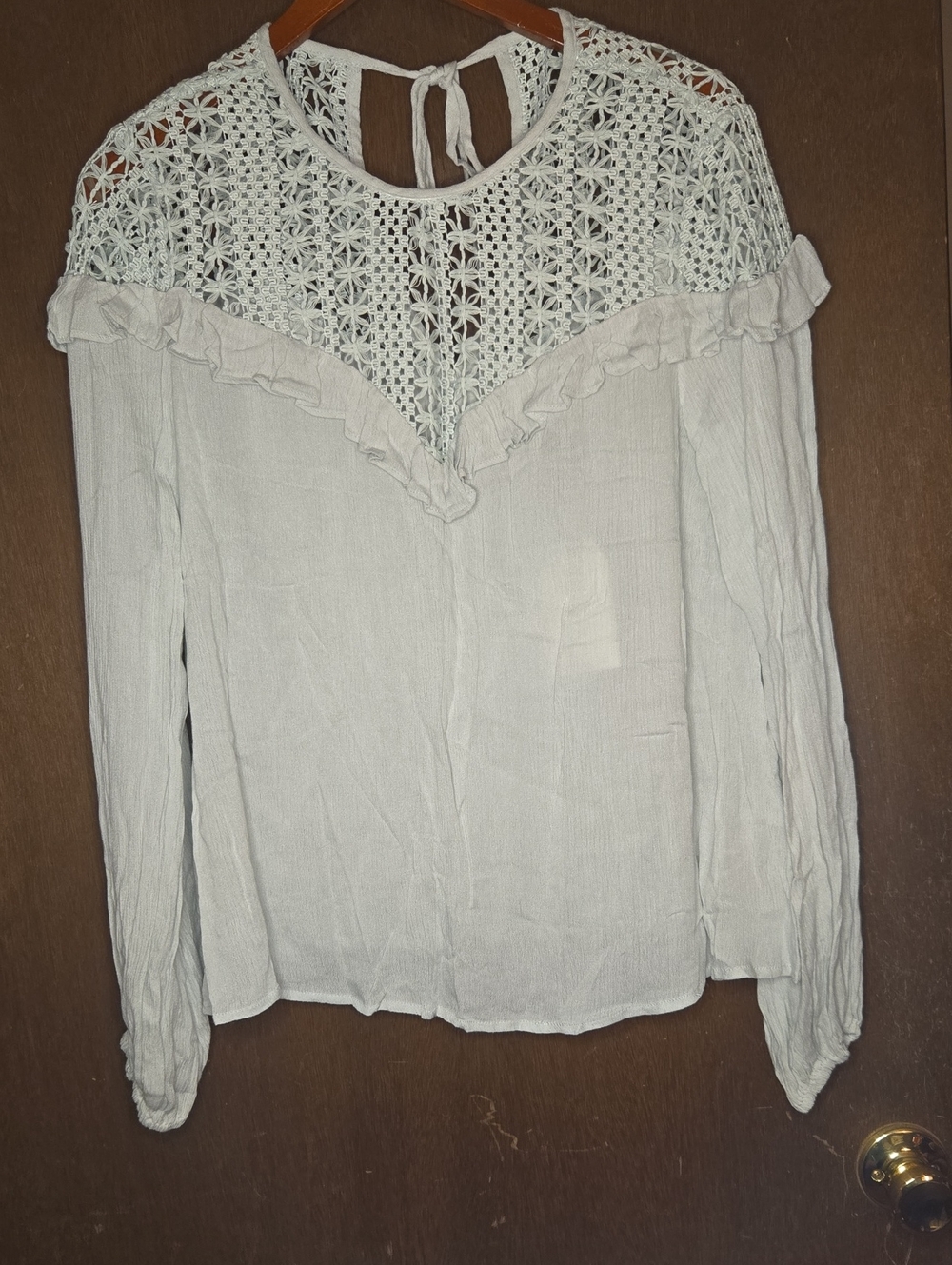 Free the Roses Light Sage Green Crochet Yoke Ruffle Long-Sleeve Blouse